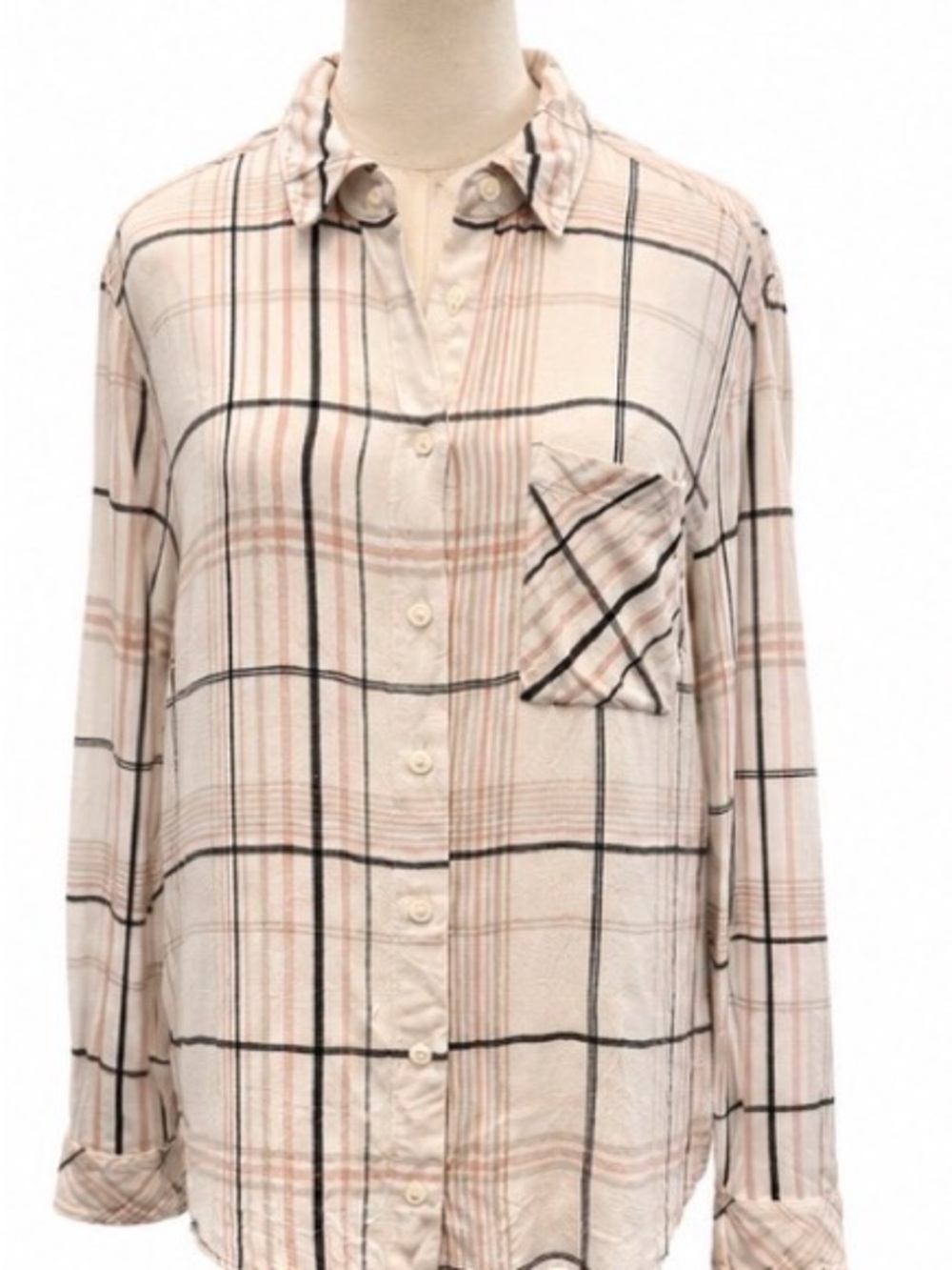 Chico’s Size 2 Large Neutral Plaid Rayon Button-Down Shirt